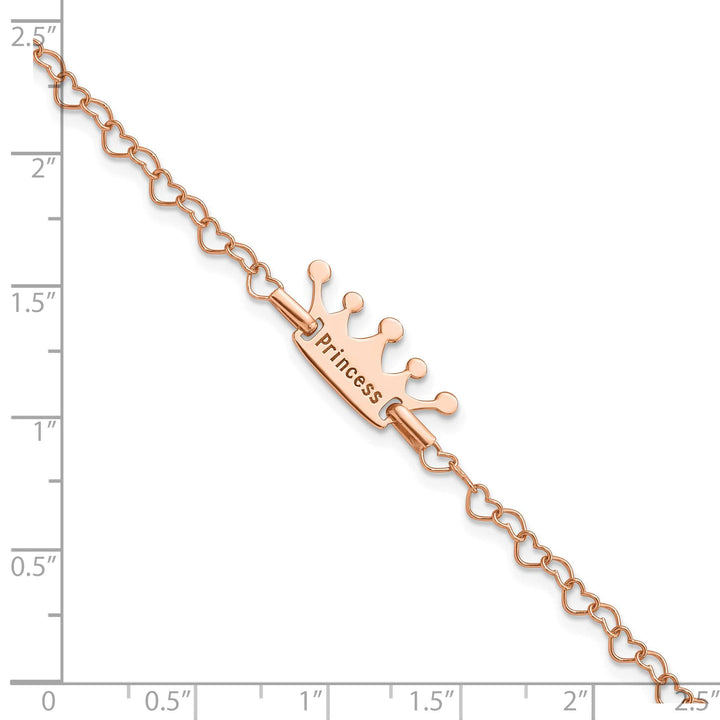 Sterling Silver Rose-tone Princess Crown Heart Link Bracelet