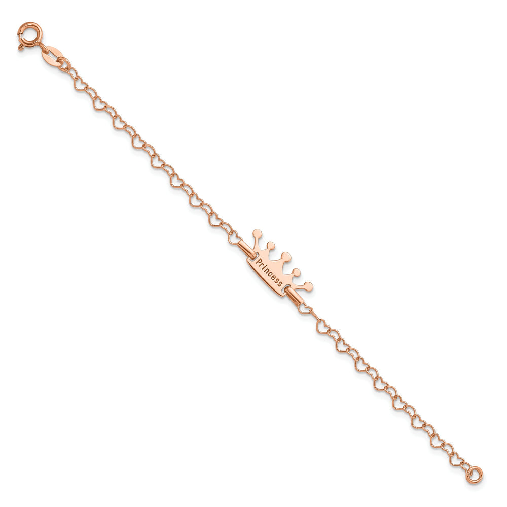 Sterling Silver Rose-tone Princess Crown Heart Link Bracelet