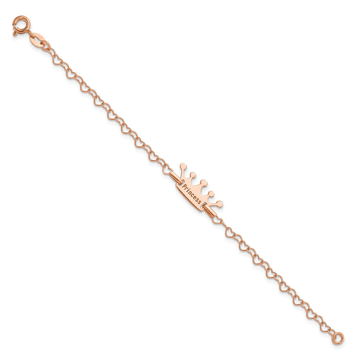 Sterling Silver Rose-tone Princess Crown Heart Link Bracelet