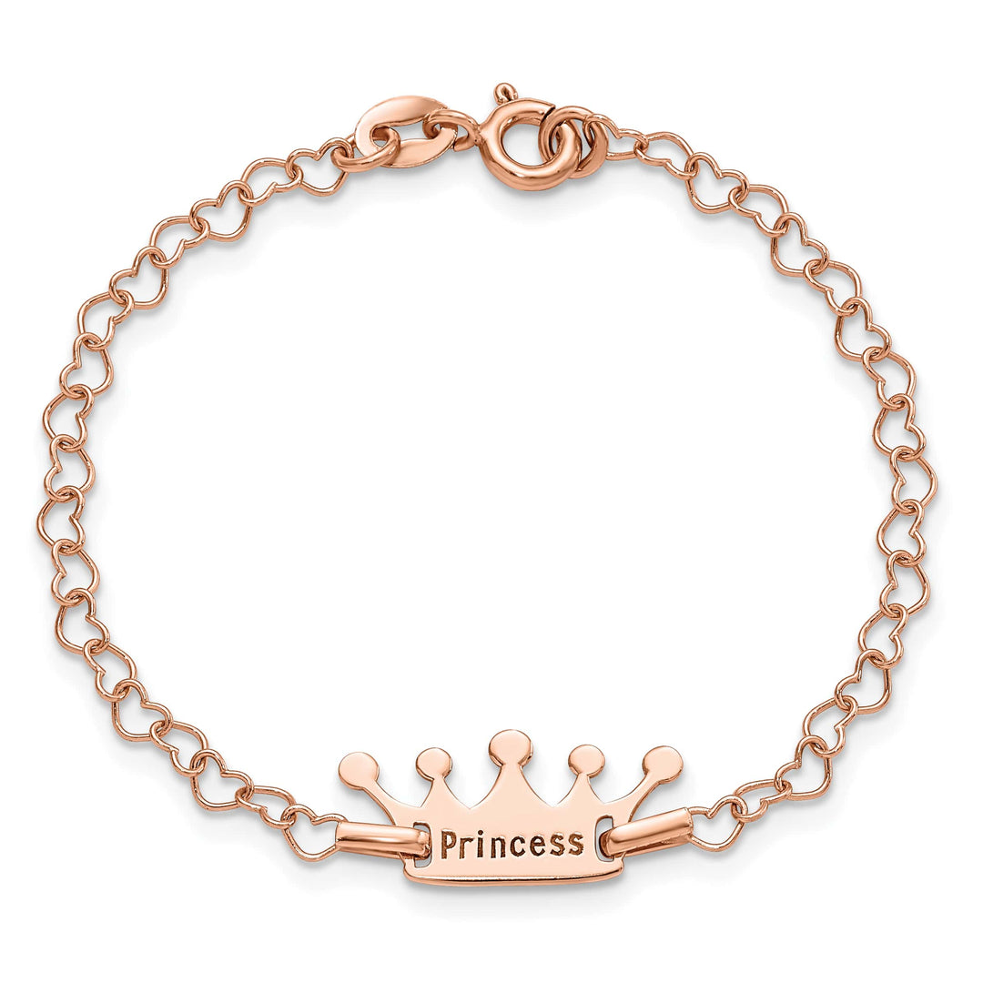 Sterling Silver Rose-tone Princess Crown Heart Link Bracelet