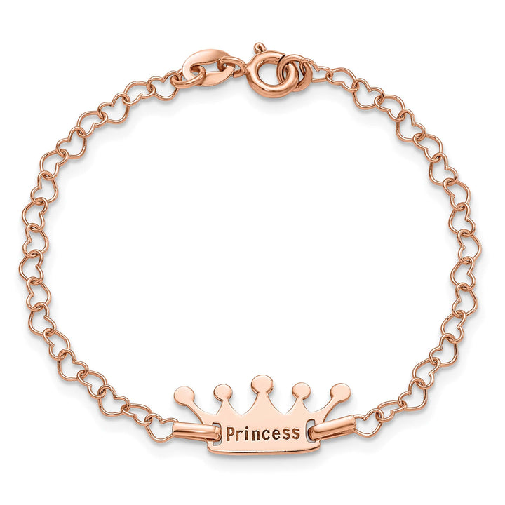 Sterling Silver Rose-tone Princess Crown Heart Link Bracelet