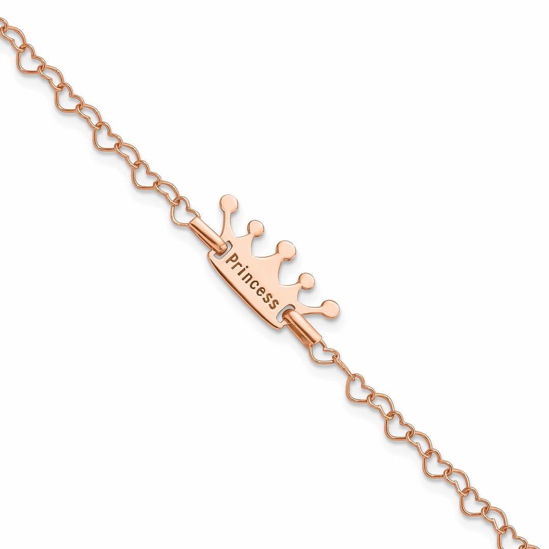 Sterling Silver Rose-tone Princess Crown Heart Link Bracelet