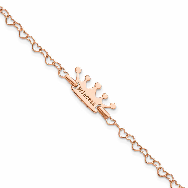 Sterling Silver Rose-tone Princess Crown Heart Link Bracelet