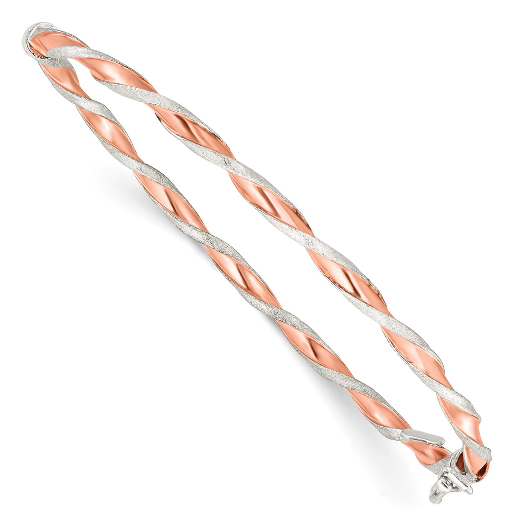 Sterling Silver Rose-tone Satin and Polished Twisted 3mm Hinged Bangle