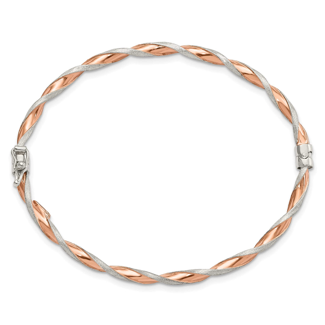 Sterling Silver Rose-tone Satin and Polished Twisted 3mm Hinged Bangle