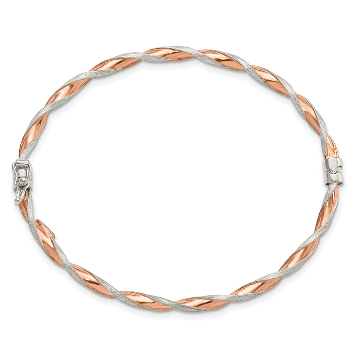 Sterling Silver Rose-tone Satin and Polished Twisted 3mm Hinged Bangle
