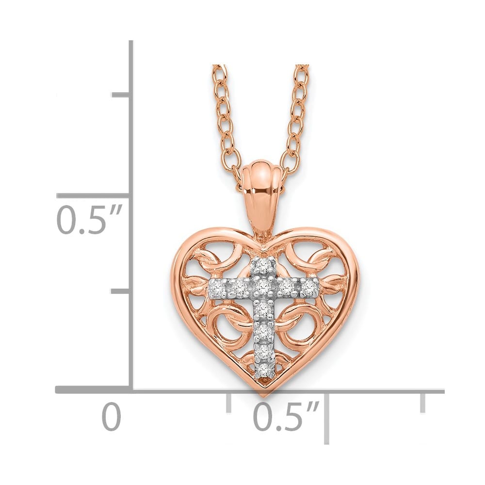Sterling Silver Rose-tone with Diamond Cross In Heart 18 inch Necklace