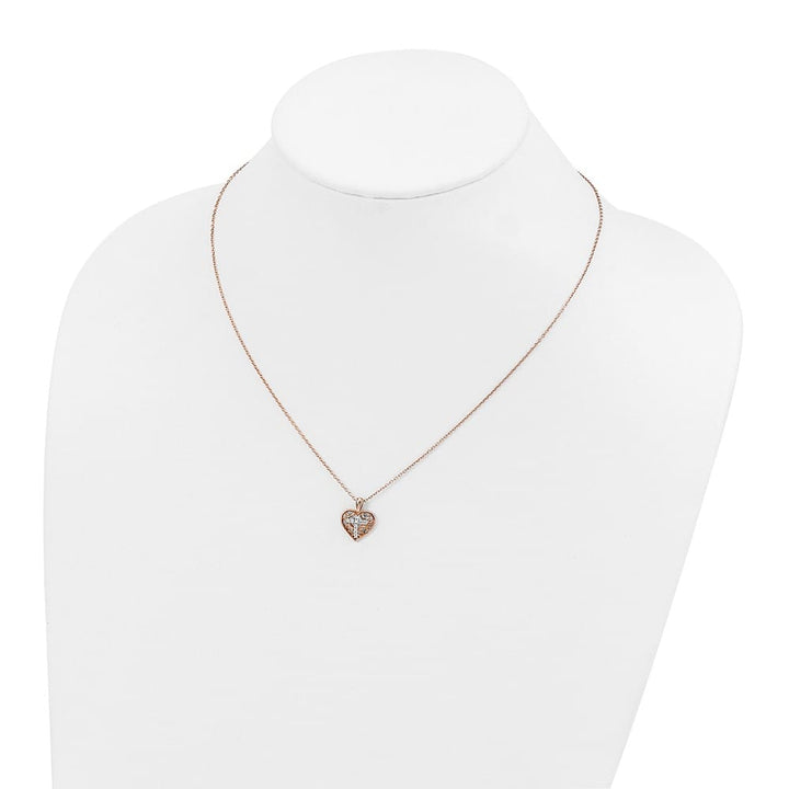 Sterling Silver Rose-tone with Diamond Cross In Heart 18 inch Necklace