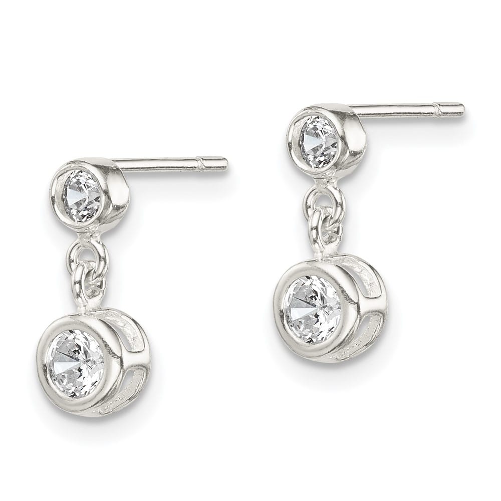 Sterling Silver Round CZ Bezel Set Post Dainty Dangle Earrings, view 2 of 4
