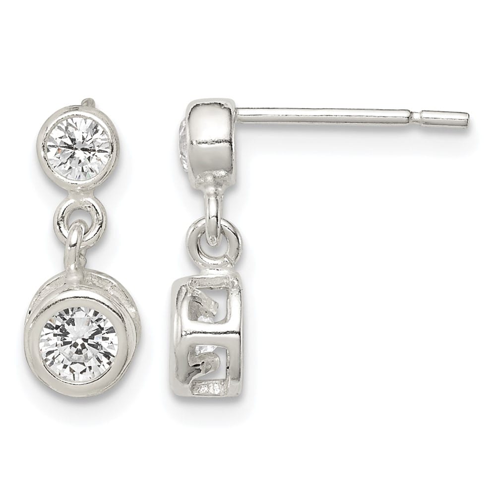 Sterling Silver Round CZ Bezel Set Post Dainty Dangle Earrings, view 1 of 4