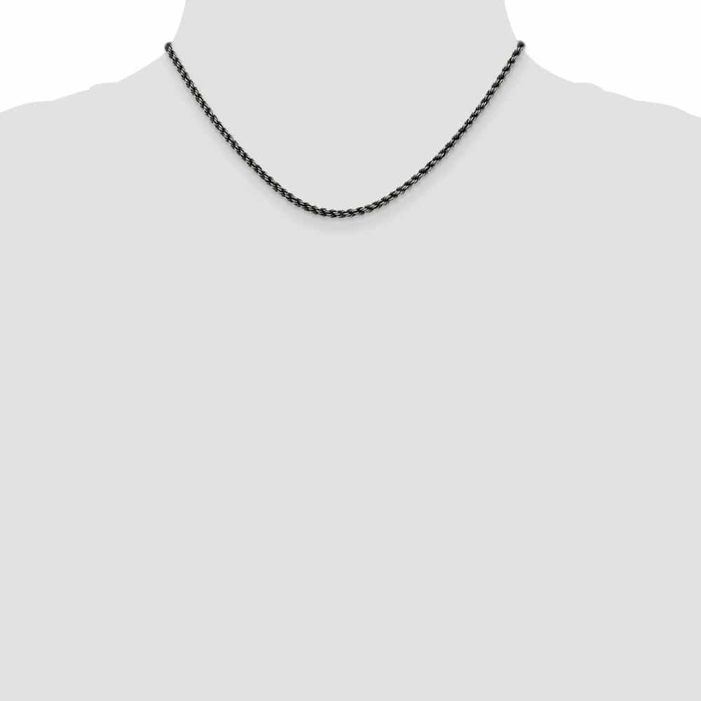 Sterling Silver Ruthenium Finish 2.9mm Rope Chain Size 16
