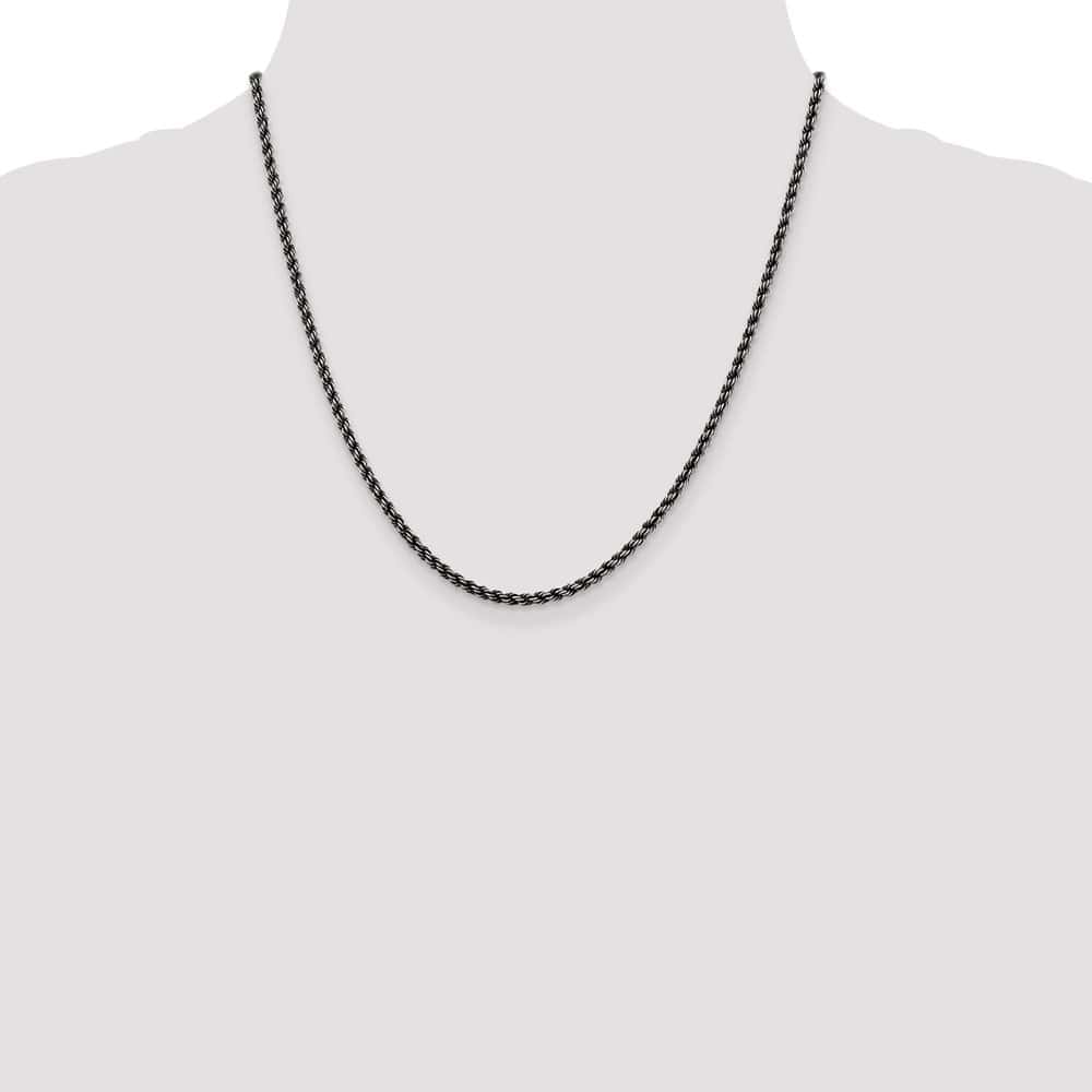Sterling Silver Ruthenium Finish 2.9mm Rope Chain Size 20