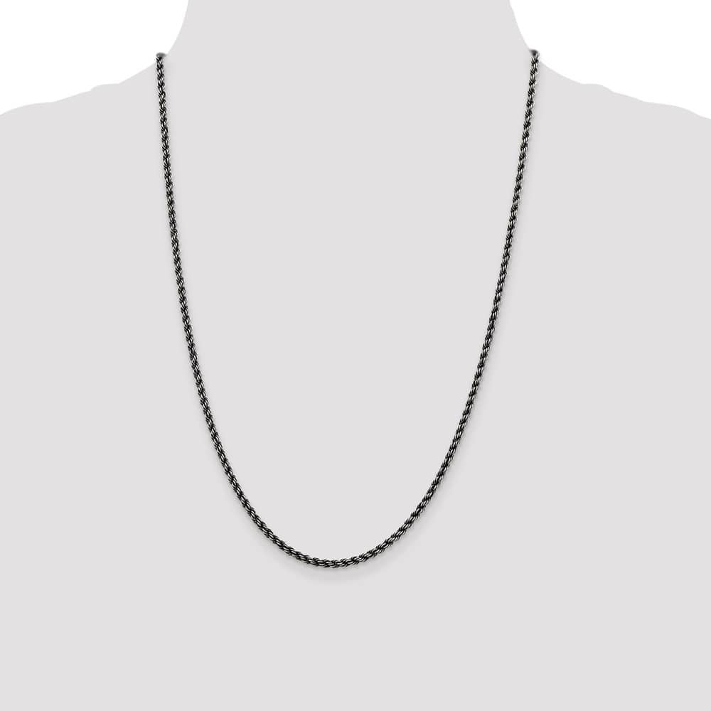 Sterling Silver Ruthenium Finish 2.9mm Rope Chain Size 24