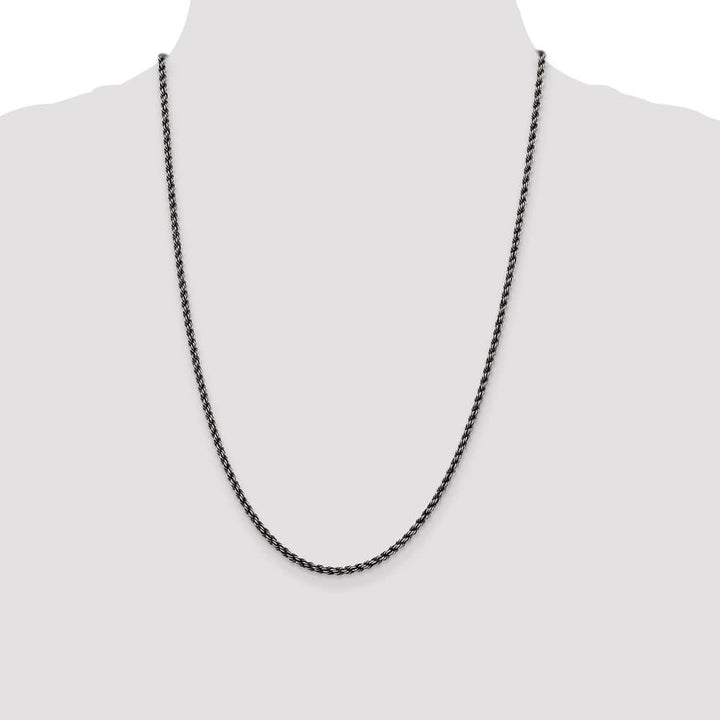 Sterling Silver Ruthenium Finish 2.9mm Rope Chain Size 24