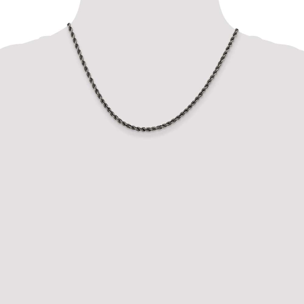 Sterling Silver Ruthenium Finish 3.4mm Rope Chain Size 18