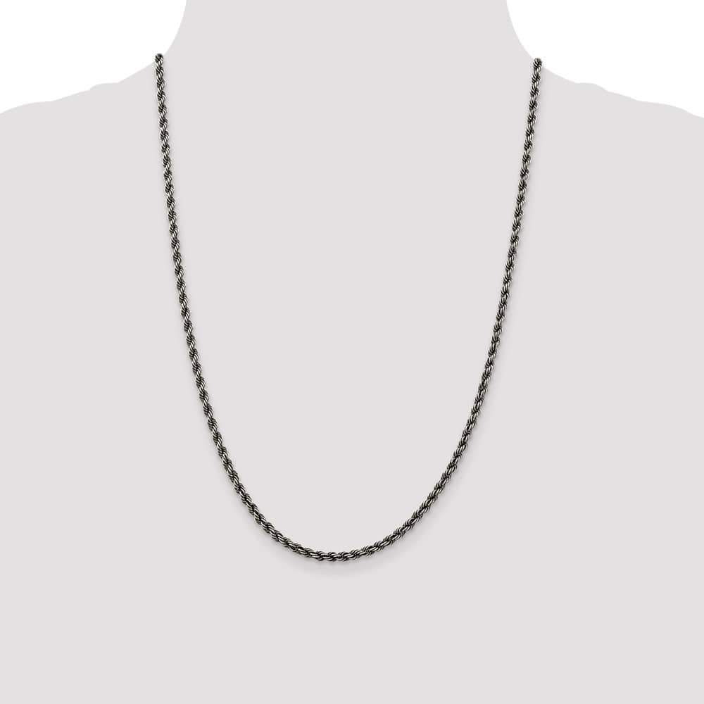 Sterling Silver Ruthenium Finish 3.4mm Rope Chain Size 24