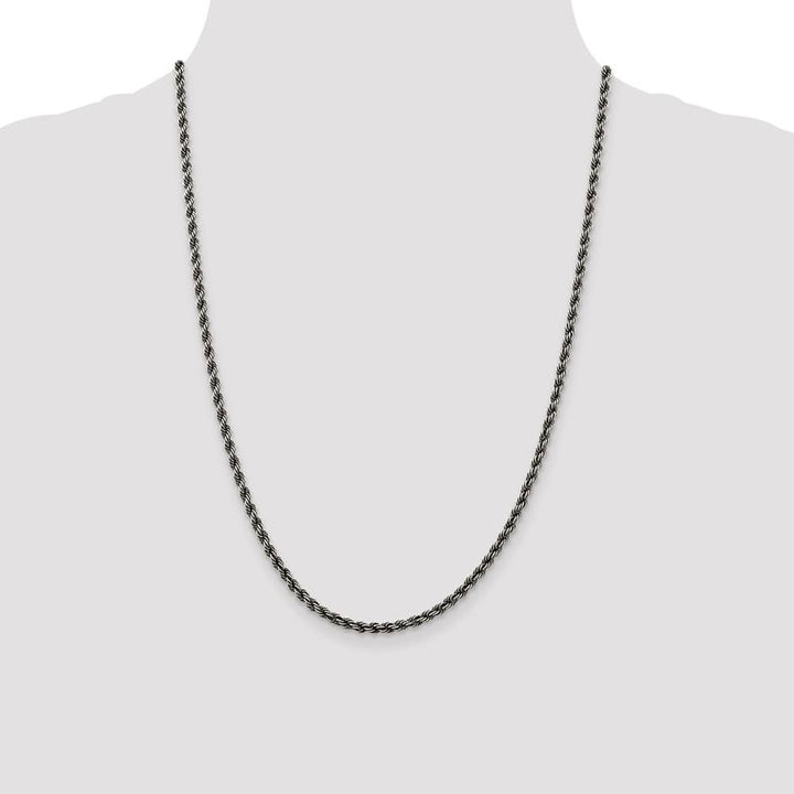 Sterling Silver Ruthenium Finish 3.4mm Rope Chain Size 24