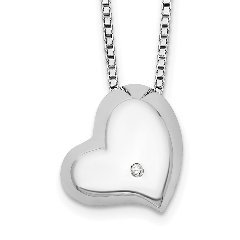 Sterling Silver Satin and Polished Diamond Heart 20 inch Necklace