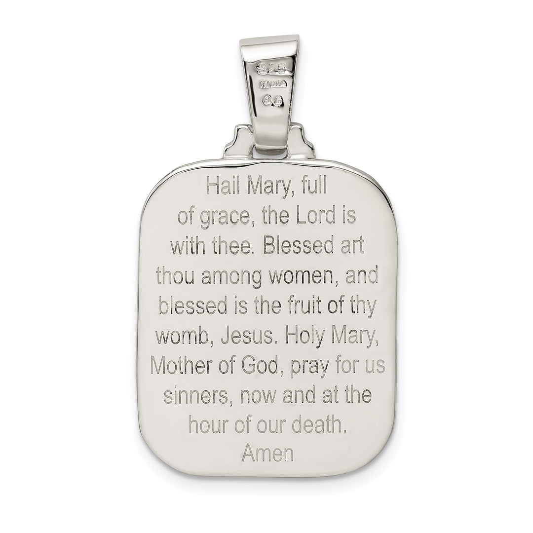 Sterling Silver Satin and Polished Mary with Hail Mary Prayer Pendant