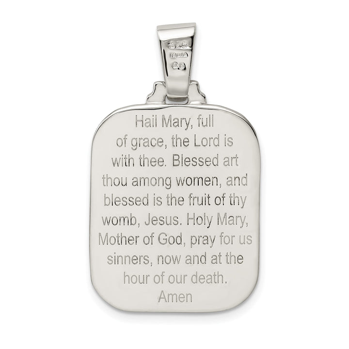 Sterling Silver Satin and Polished Mary with Hail Mary Prayer Pendant
