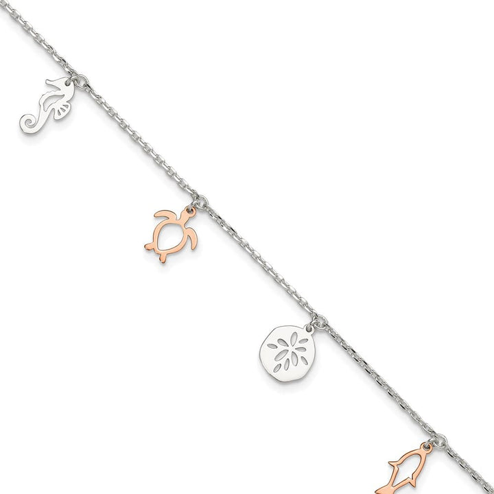 Sterling Silver Seashore Charms Anklet — .925 sterling silver, 10 inches long, 1 inch extension, 1.65 mm wide, spring ring clasp, 2.75 g