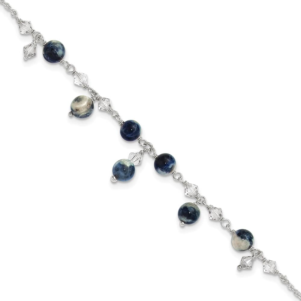 Sterling Silver Shadow Crystal and Lapis Anklet — .925 sterling silver, 9 inches long, 6 mm wide, spring ring clasp, 2.08 g