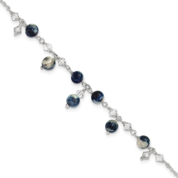 Sterling Silver Shadow Crystal and Lapis Anklet — .925 sterling silver, 9 inches long, 6 mm wide, spring ring clasp, 2.08 g