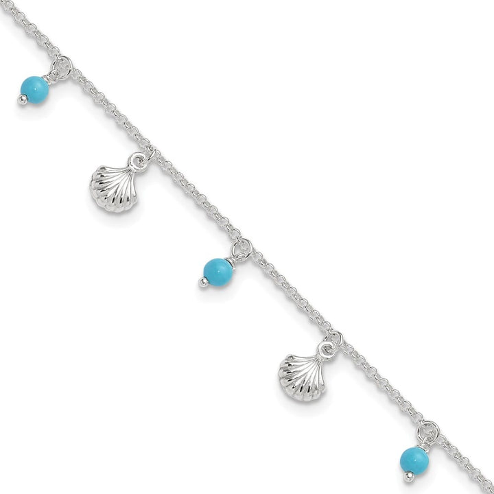 Sterling Silver Shells and Aqua Beads Anklet — .925 sterling silver, 10 inches long, 1 inch extension, 1.5 mm wide, spring ring clasp, 3.37 g