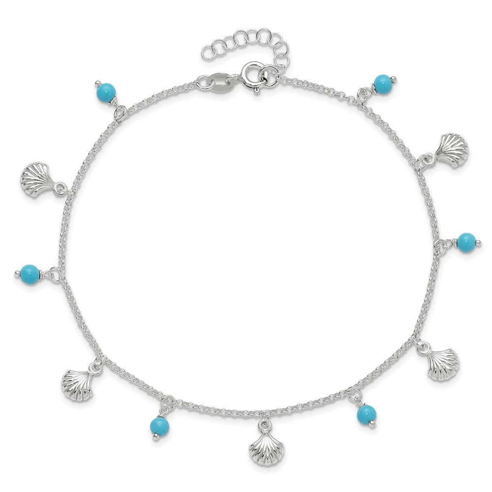 Sterling Silver Shells and Aqua Beads Anklet