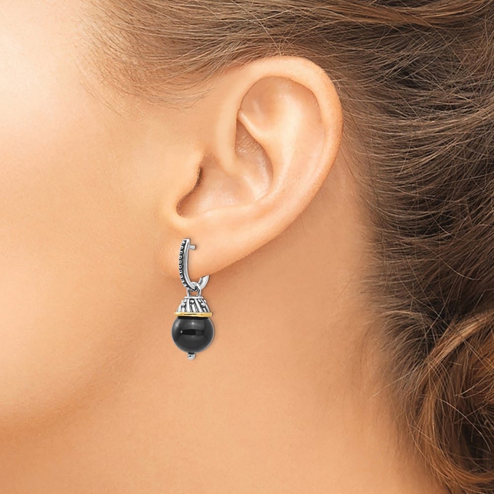 Sterling Silver Shey Couture Black Onyx Hinged Hoop Dangle Earrings, view 3 of 4