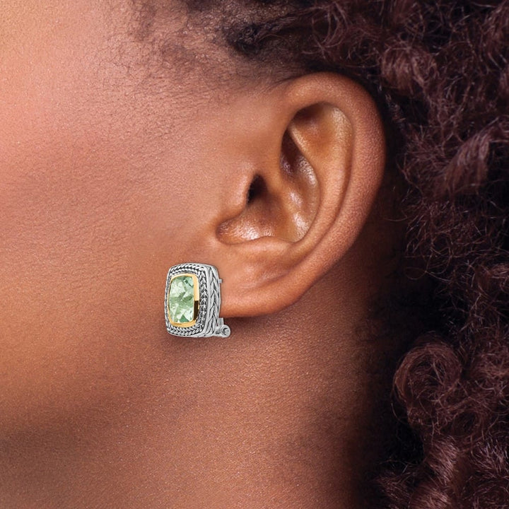 Sterling Silver Shey Couture Cushion Bezel Green Omega Back Earrings, view 3 of 4