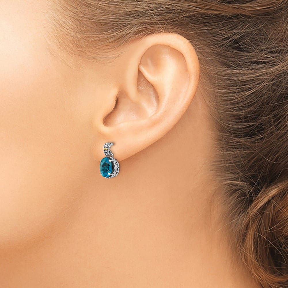 Sterling Silver Shey Couture Oval Blue Topaz Post Dangle 8 mm Earrings, view 3 of 4