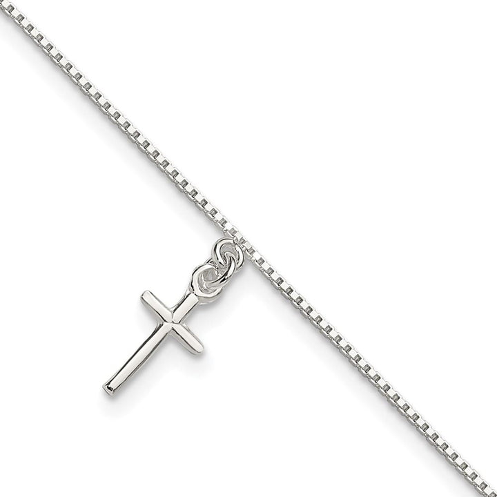 Sterling Silver Solid Polished Cross on Box Anklet — .925 sterling silver, 10 inches long, 1 mm wide, spring ring clasp, 1.68 g