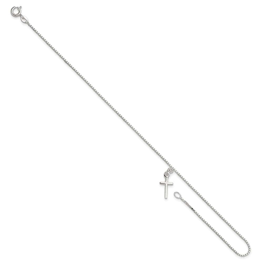 Sterling Silver Solid Polished Cross on Box Anklet