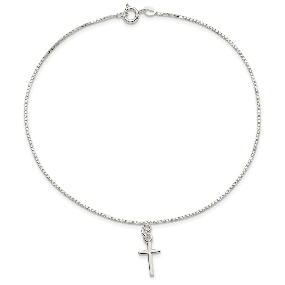 Sterling Silver Solid Polished Cross on Box Anklet