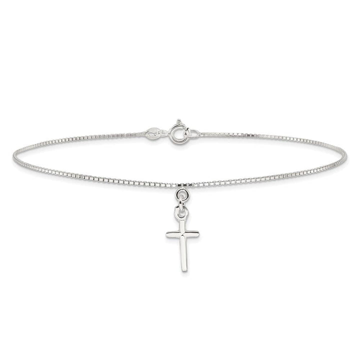 Sterling Silver Solid Polished Cross on Box Anklet