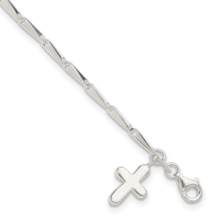 Sterling Silver Solid Polished Cross on Fancy Link 9 Inch Anklet — .925 sterling silver, 9 inches long, 3 mm wide, lobster clasp, 5.62 g