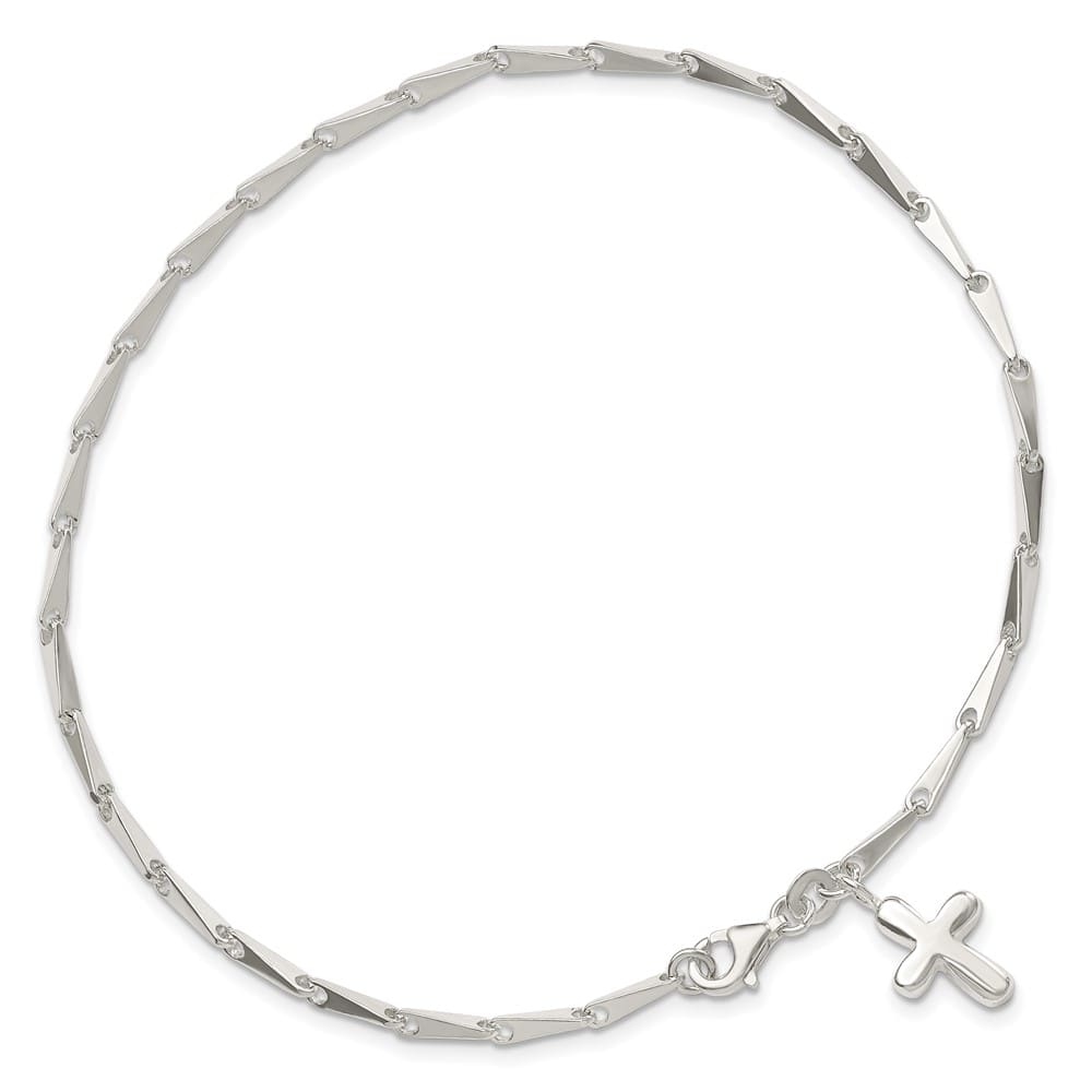 Sterling Silver Solid Polished Cross on Fancy Link 9 Inch Anklet
