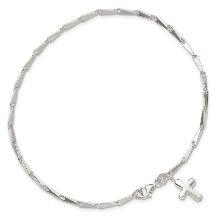 Sterling Silver Solid Polished Cross on Fancy Link 9 Inch Anklet