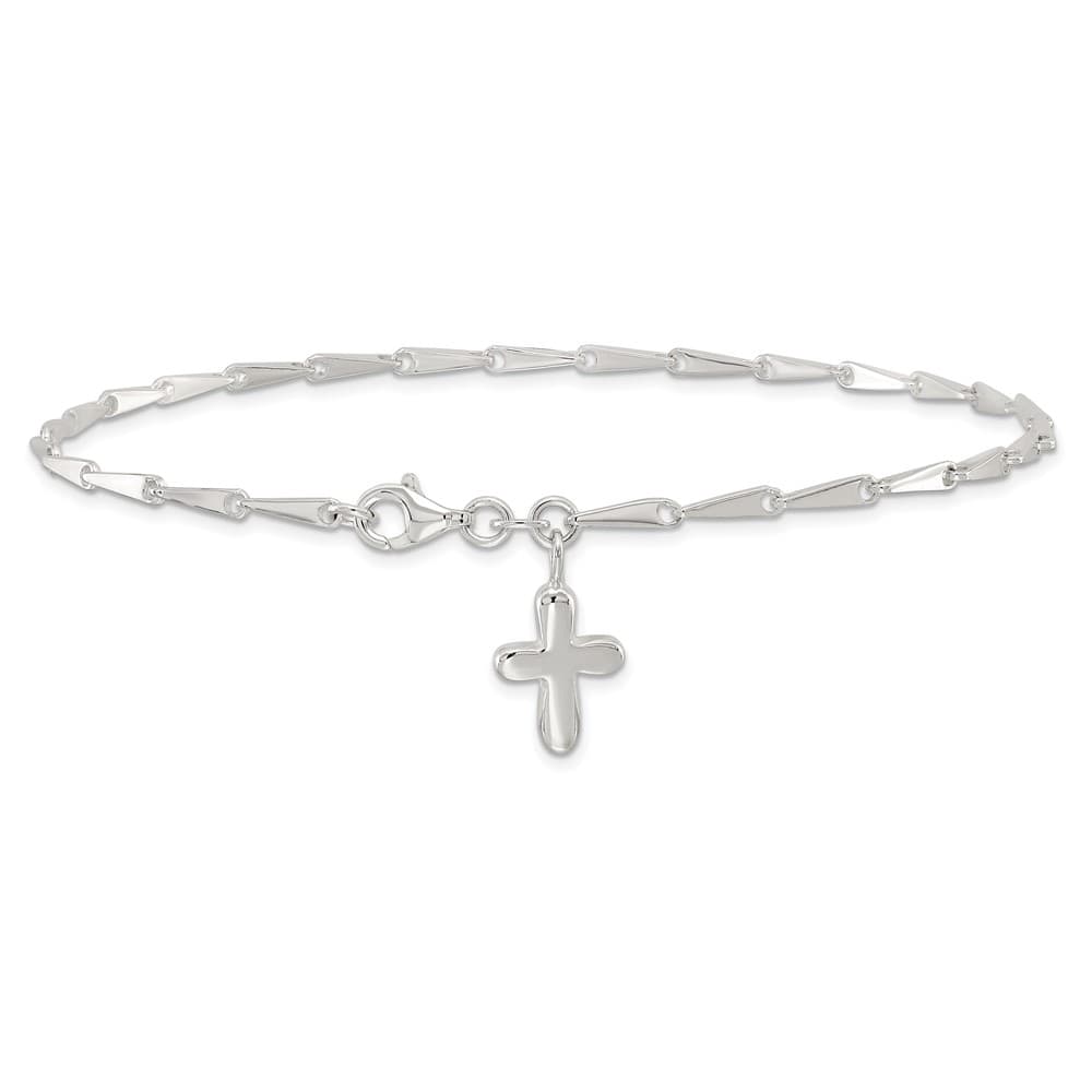 Sterling Silver Solid Polished Cross on Fancy Link 9 Inch Anklet