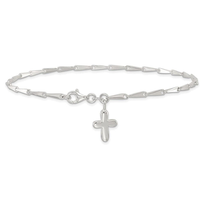 Sterling Silver Solid Polished Cross on Fancy Link 9 Inch Anklet