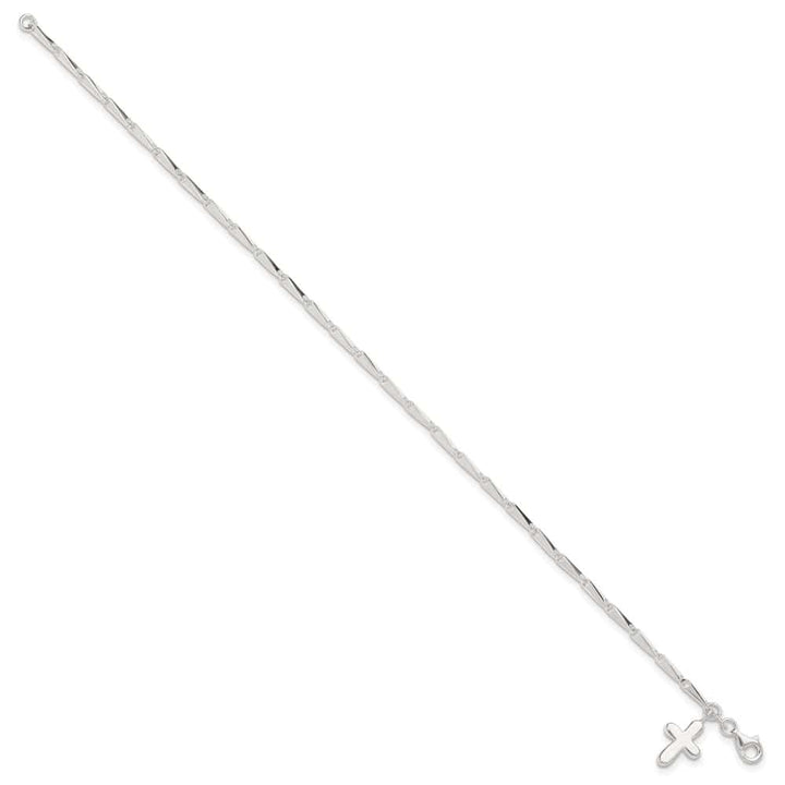 Sterling Silver Solid Polished Cross on Fancy Link 9 Inch Anklet