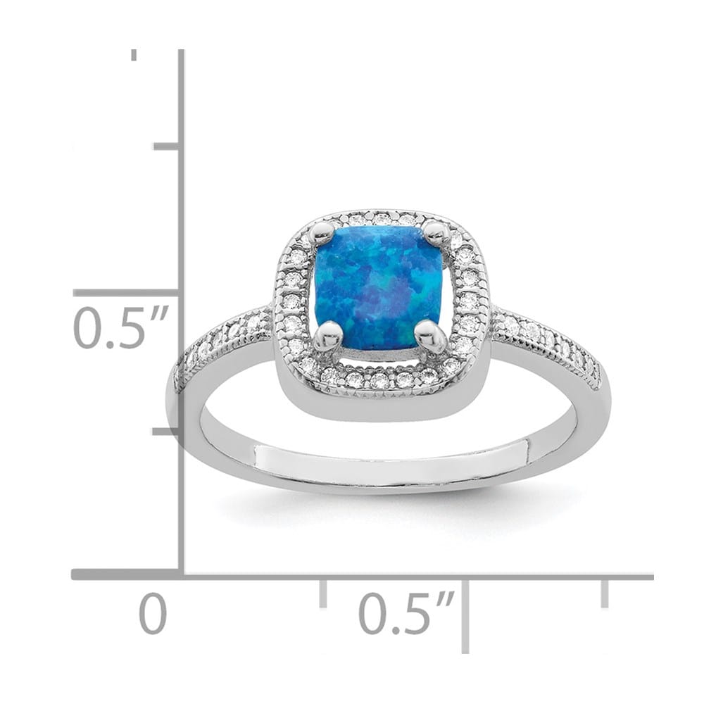 Sterling Silver Square Blue Created Opal CZ Ring