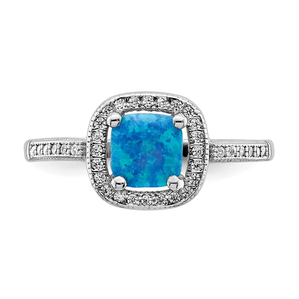Sterling Silver Square Blue Created Opal CZ Ring