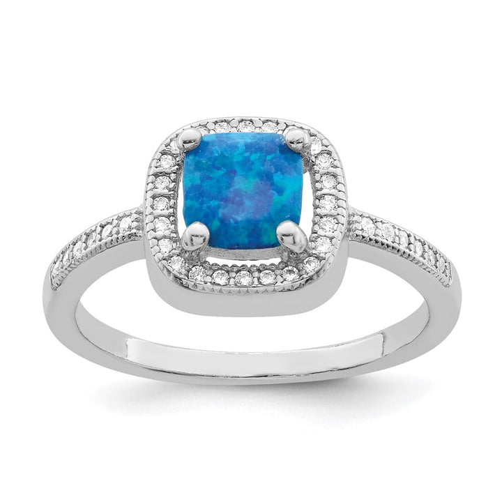 Sterling Silver Square Blue Created Opal CZ Ring