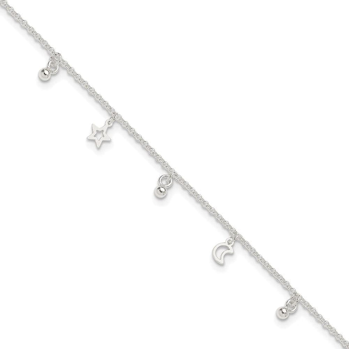 Sterling Silver Star and Moon Anklet — .925 sterling silver, 10 inches long, 1 inch extension, 1.5 mm wide, lobster clasp, 2.57 g