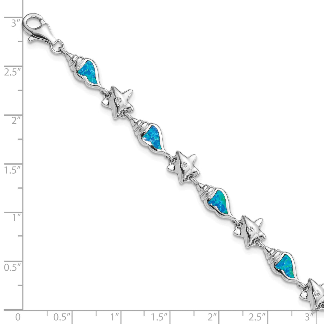 Sterling Silver Starfish CZ and Lab Created Opal Seashell 7. Bracelet