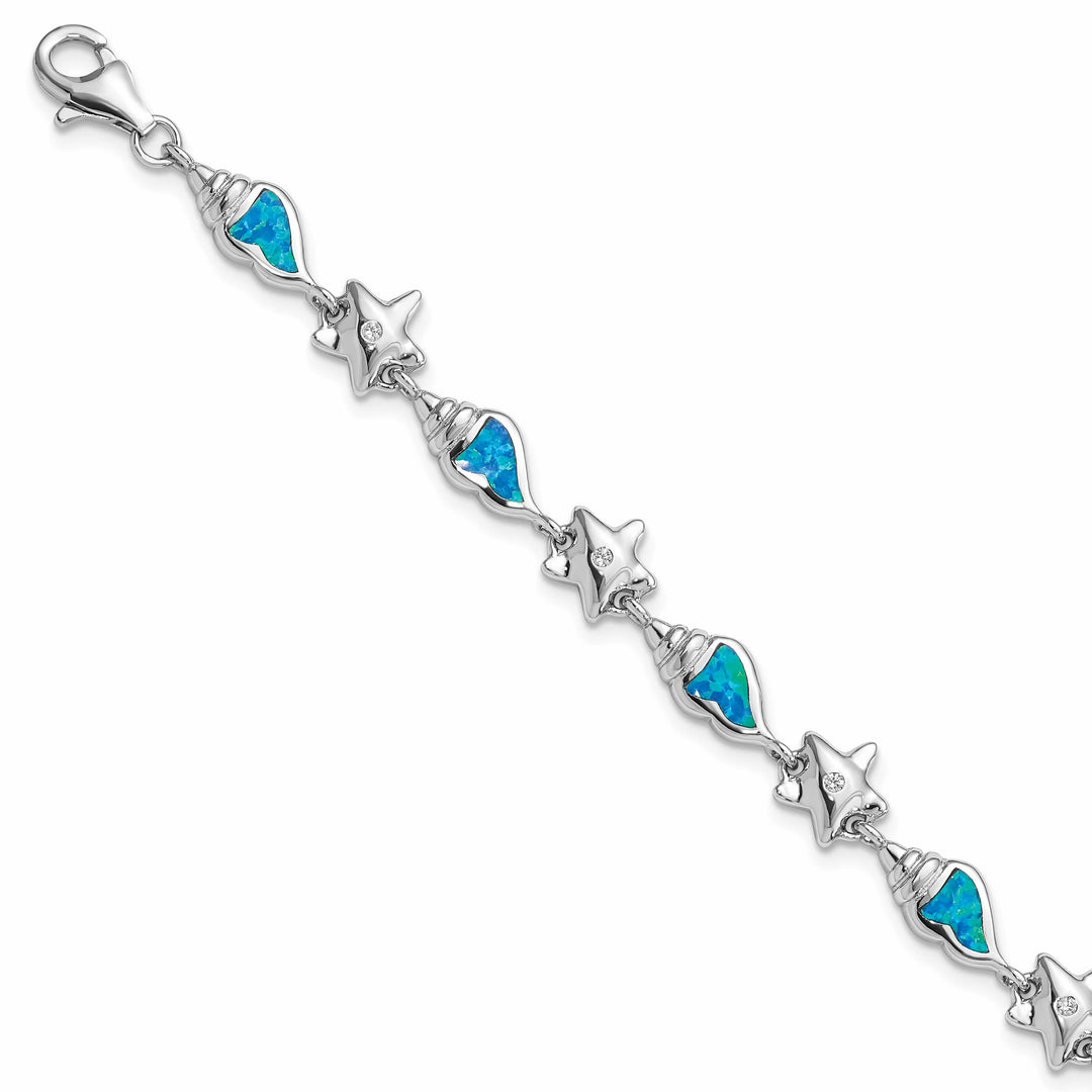 Sterling Silver Starfish CZ and Lab Created Opal Seashell 7. Bracelet