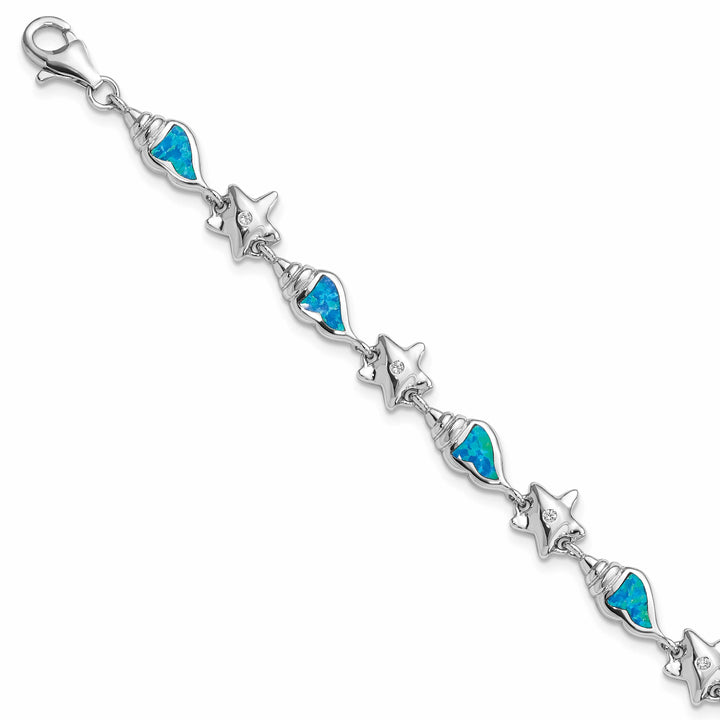 Sterling Silver Starfish CZ and Lab Created Opal Seashell 7. Bracelet