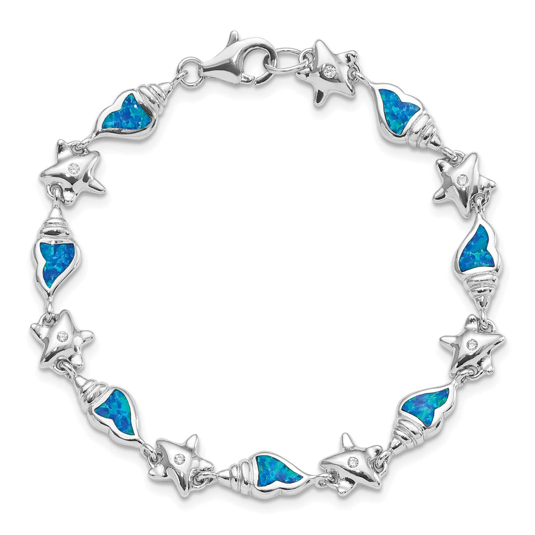 Sterling Silver Starfish CZ and Lab Created Opal Seashell 7. Bracelet